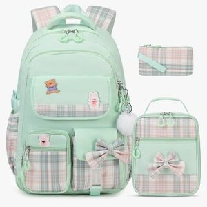 3pc Mint Plaid Kids Backpack Set with Lunch Bag & Pencil Case - Cute Bow Accents